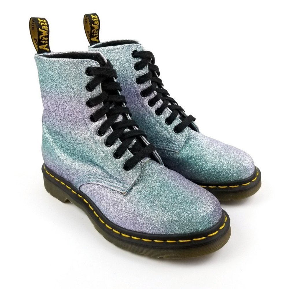 Dr. Martens Iridescent Glitter Lace-Up Combat Boots — Teal to Lavender Shine